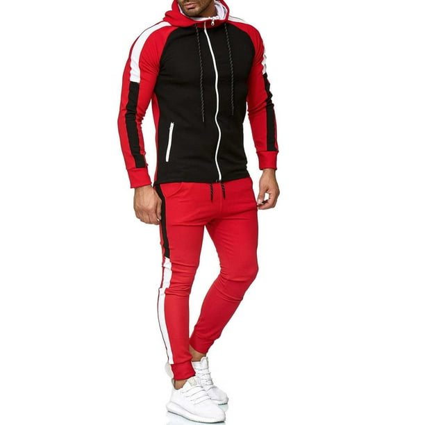 ARTFFEL-Men Casual Hooded Jacket Sweatpants Color Block Jogger Tracksuit Sports Suit 